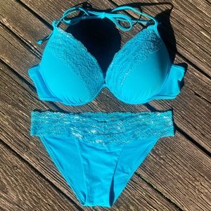 SOLD - PINK Victoria's Secret Blue Lace Push Up Bikini Top Size L Bottom Size XS